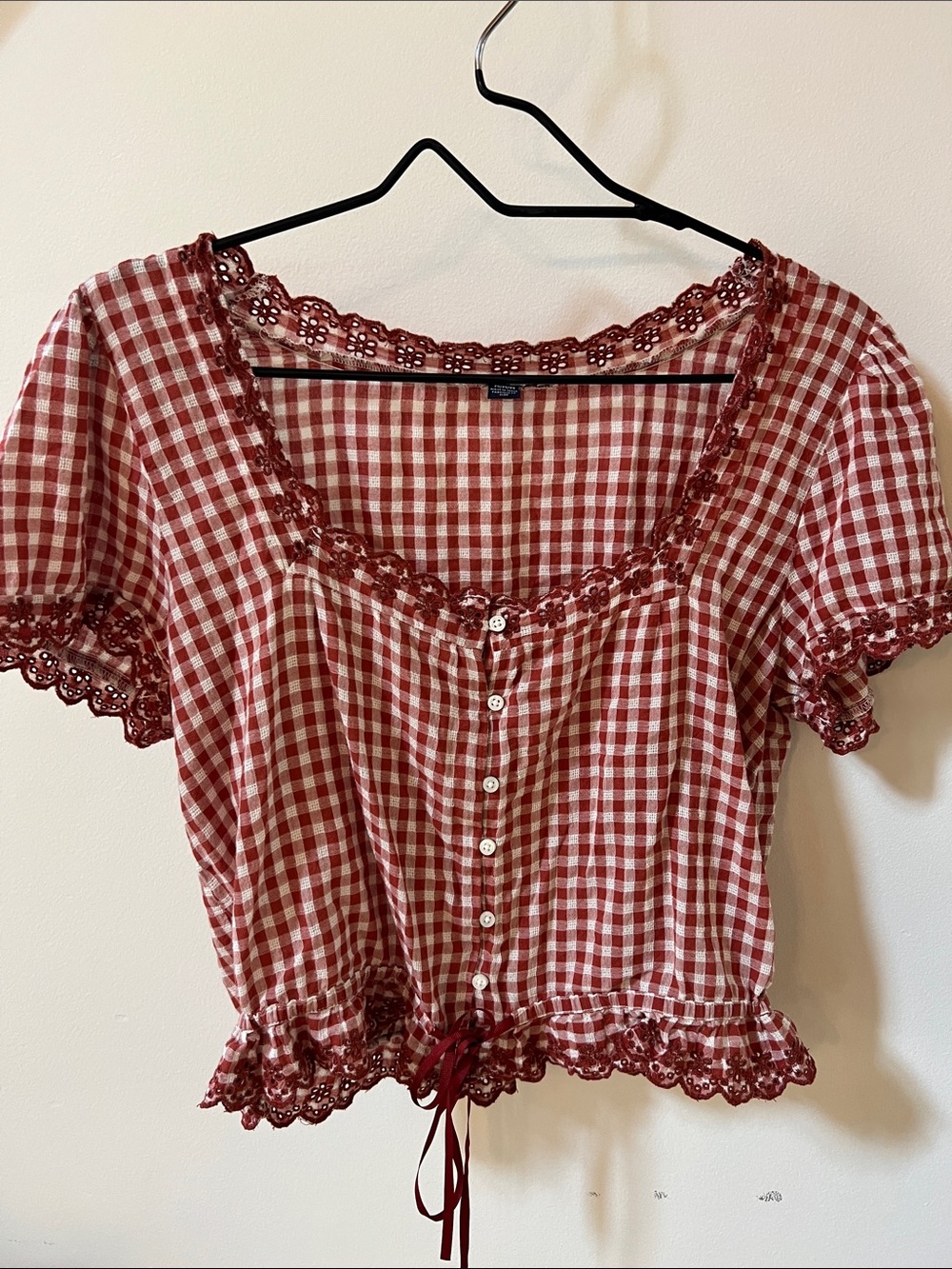 AEO Red Gingham Lace-Trim Button Front Top